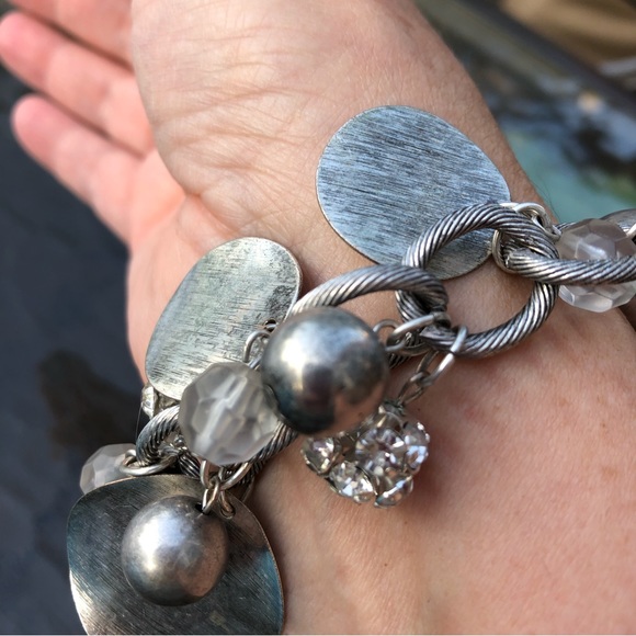 Bold Bangle Silvertone Rhinestones & Beads - Picture 3 of 8